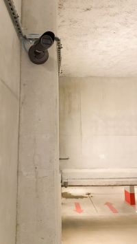 Photo d'une caméra de surveillance murale dans un parking souterrain